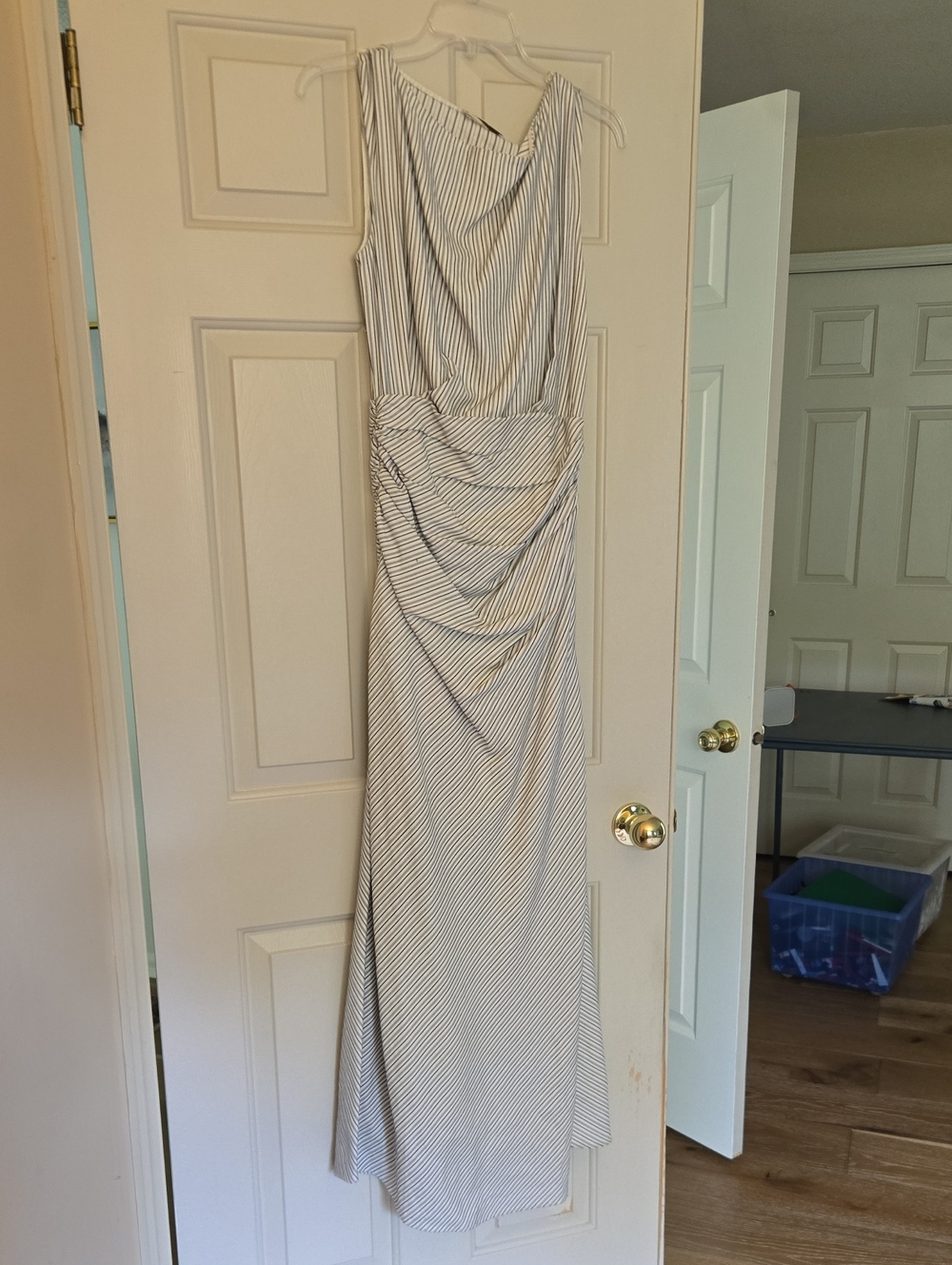 Faithfull the Brand Margeaux White and Navy Striped Sleeveless Draped Maxi Dress